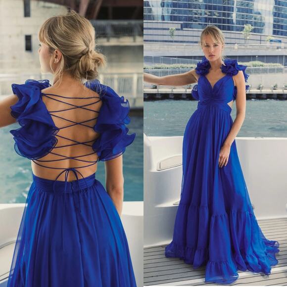Mac Duggal 67911 Ruffle Tiered Cut Out Chiffon Gown Dress Cobalt Blue Size 0 NWT - Picture 1 of 12